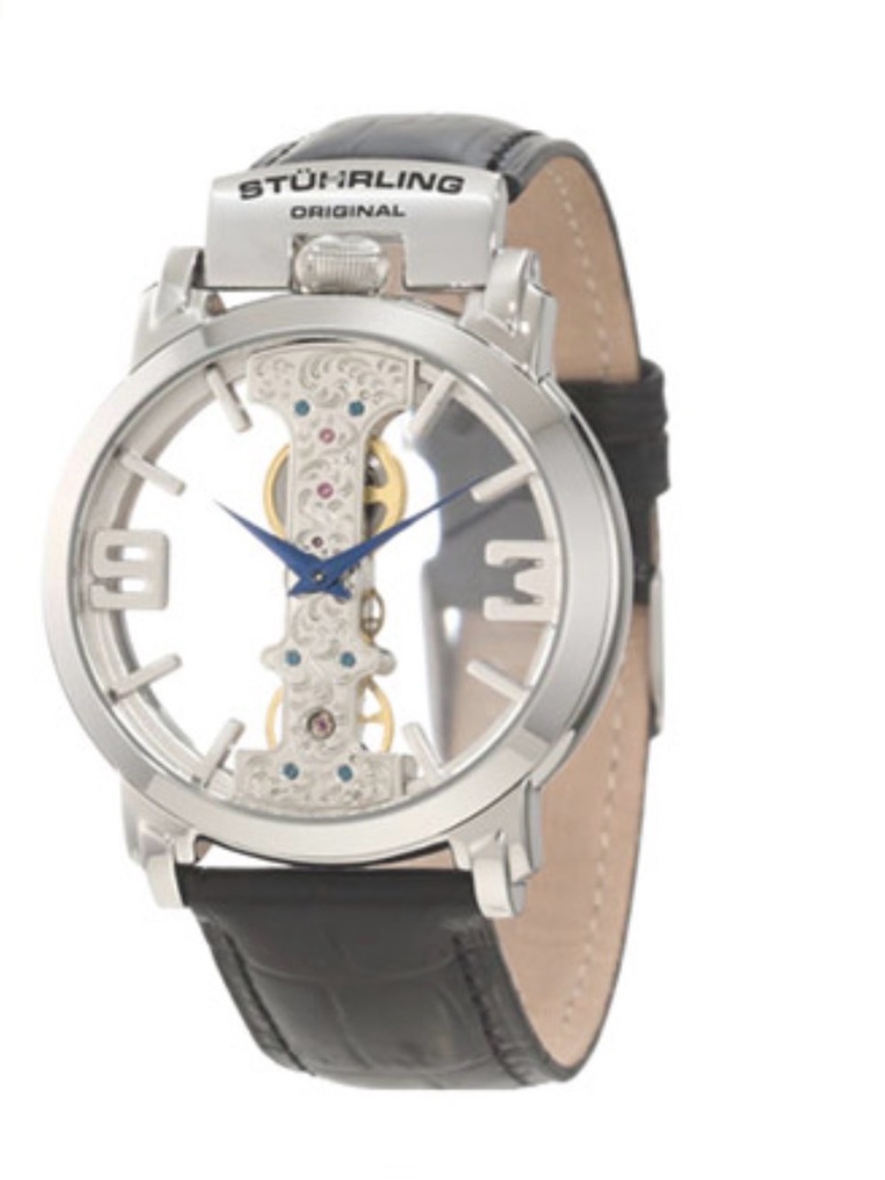 Stuhrling Original Silver Skeleton Watch with Blue Hands and Black Leather Strap